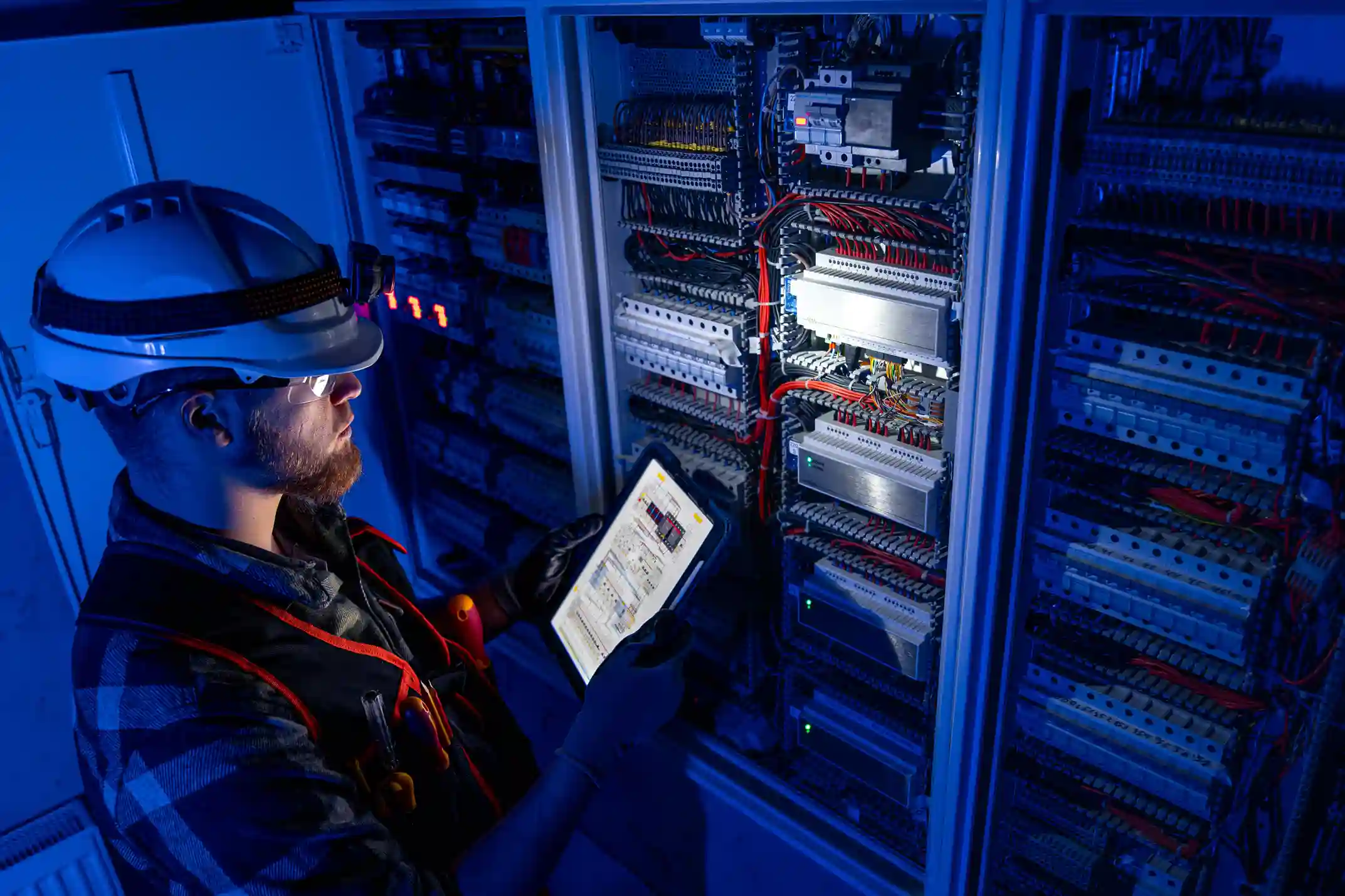 Electrician focused on work inside a switchgear panel